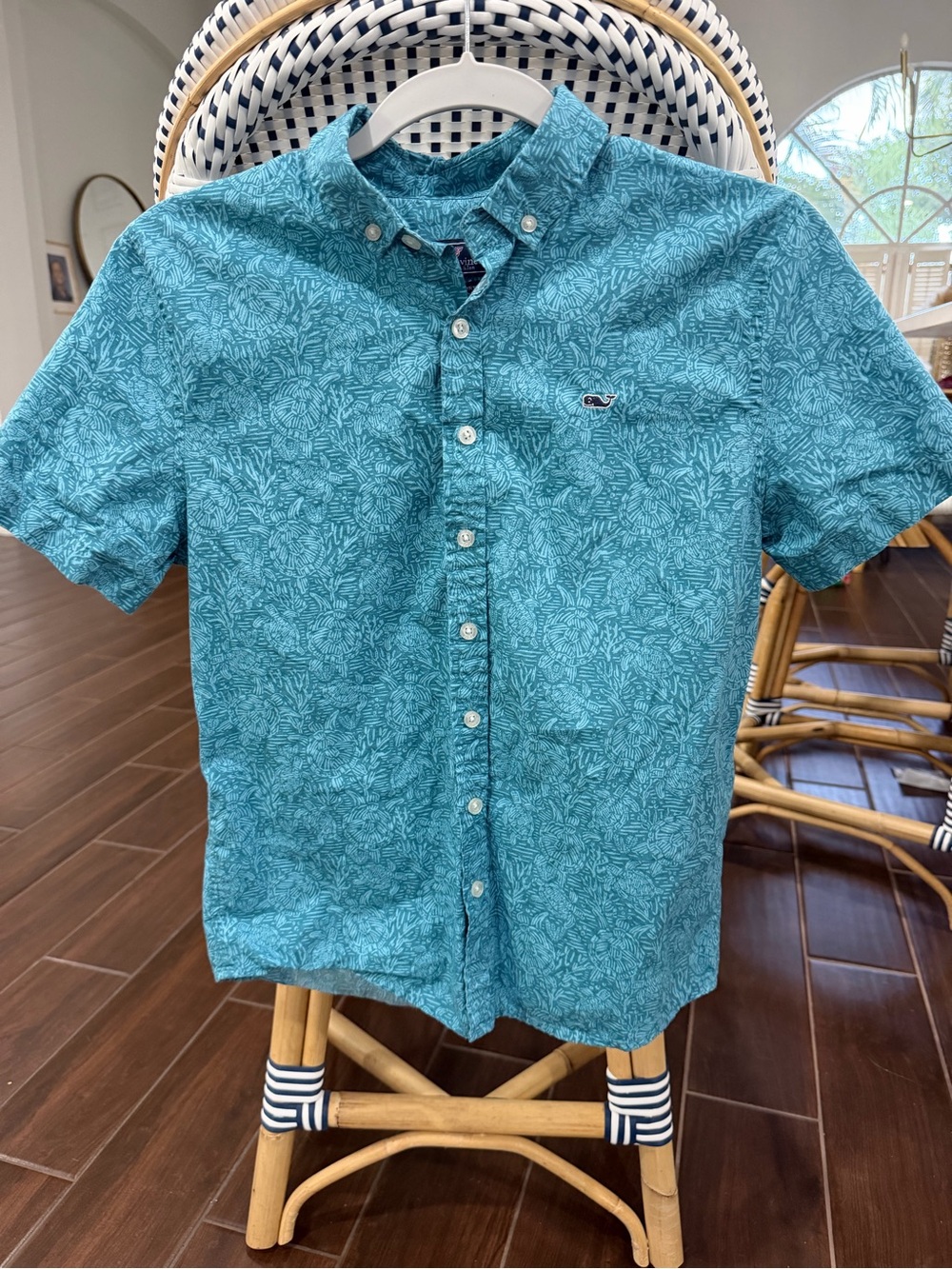 Vineyard Vines Boys Large 16 Short Sleeve Button Down Shirt Teal Blue Turtles